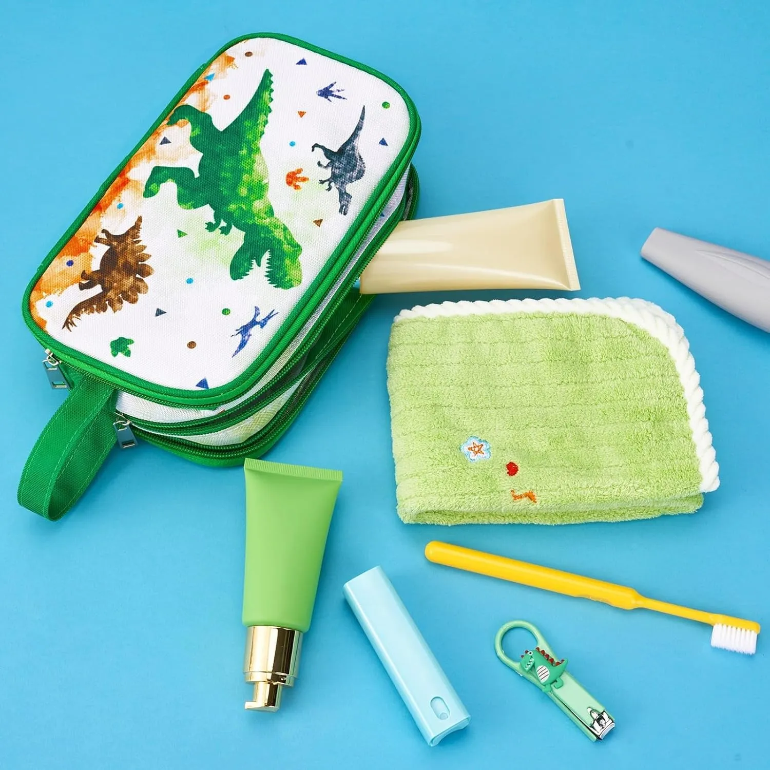 Dinosaur Toiletry Bag - Travel Toiletry Bag for Boys Kids Christmas Birthday Gift Toiletries Makeup Cosmetic Pouch Camping Traveling Toiletry Case Water-resistant Wash Bag Dopp Kit with Mesh Pocket