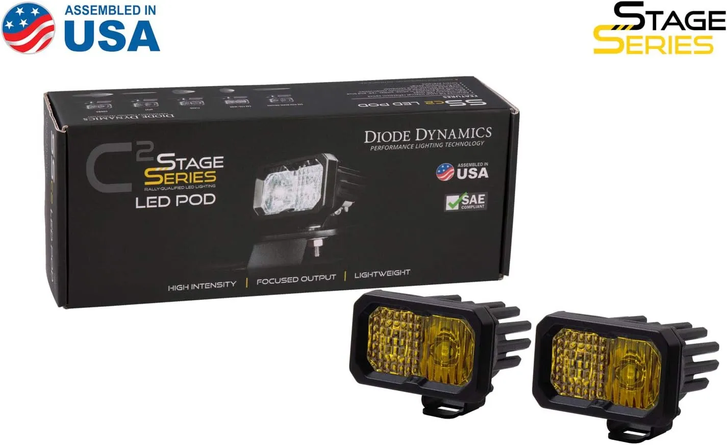 Diode Dynamics SSC2 SAE Yellow Pro Standard LED Pod (pair), Flood w/Amber Backlight