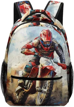 Dirt Bike Rider Motorcycle Travel Backpack Laptop Bag with Side Pocket Whistle