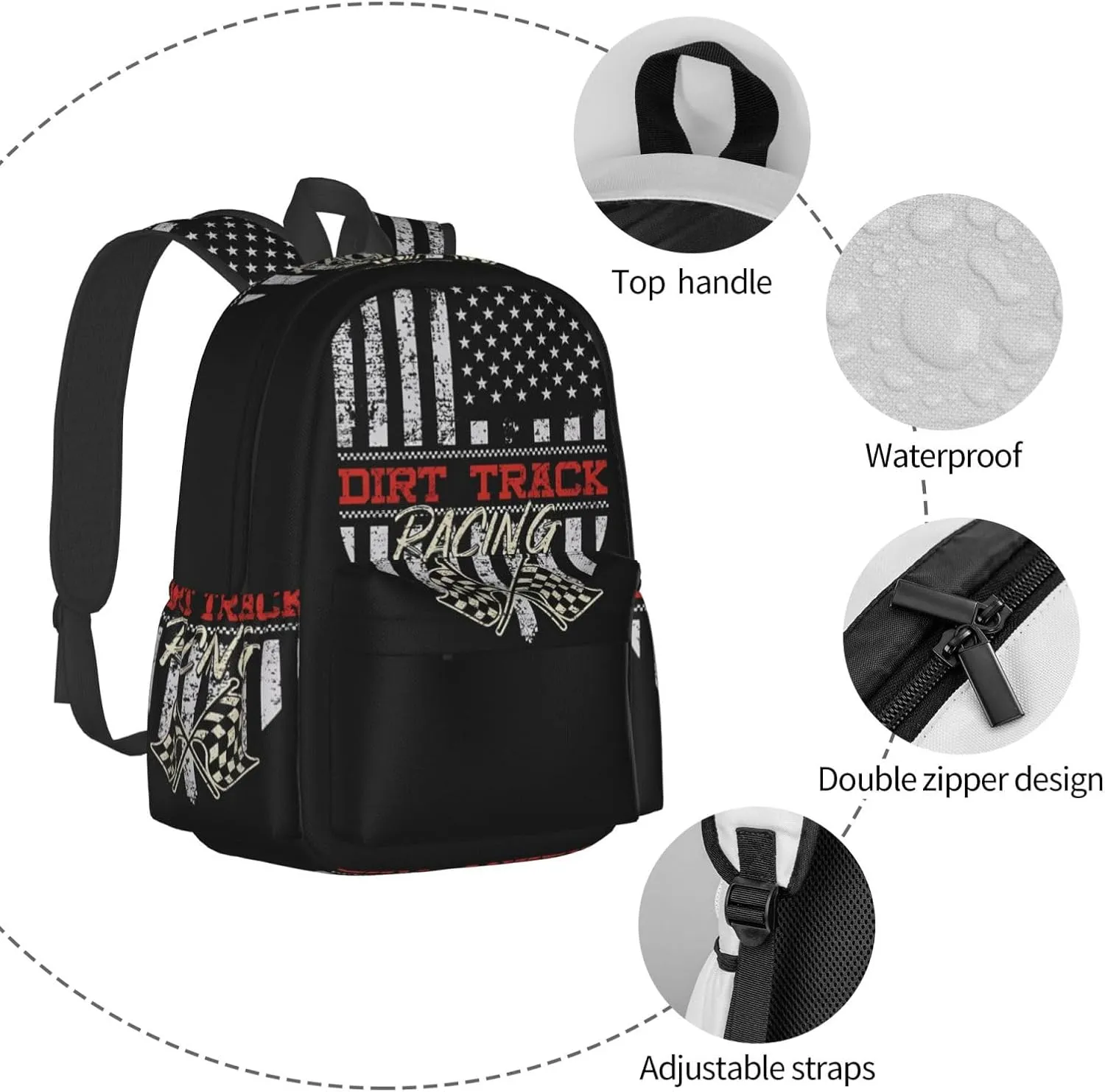 Dirt Track Racing American Flag Backpack Large Capacity Backpack Lightweight Double Shoulder Bag For Women Men Travel