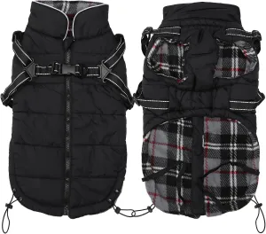 Dog Coat With Harness - Waterproof Cotton Padded Jacket for Puppy Small Medium Breeds - Halloween Christmas - Black - XLarge