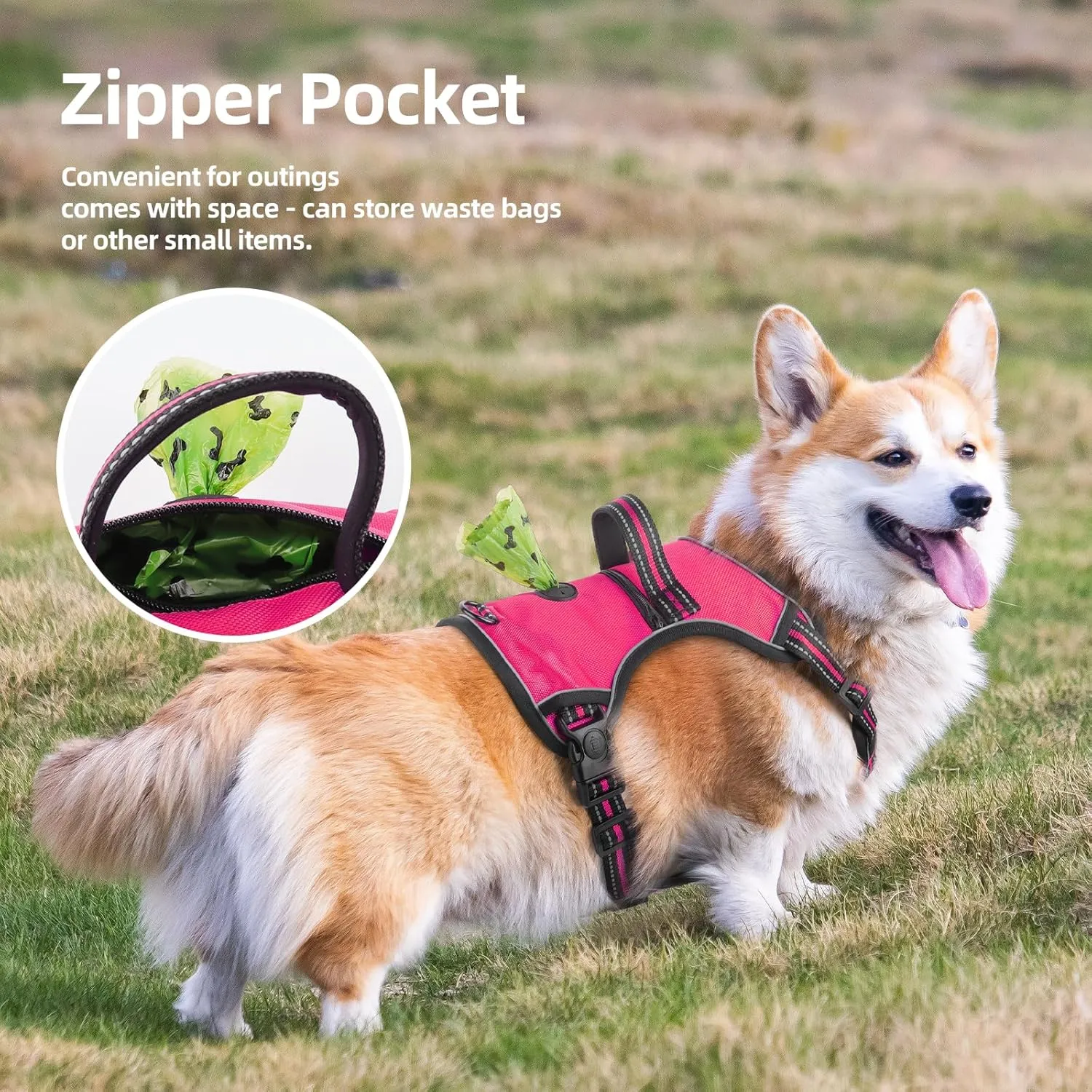 Dog Harness Adjustable for Medium, Large or Small Dogs, Reflective Pet Harness with 1.5m Leash, Breathable Anti-Pull Dog Vest Harnesses for Walking, Travel and Training with Poop Bags and Holder