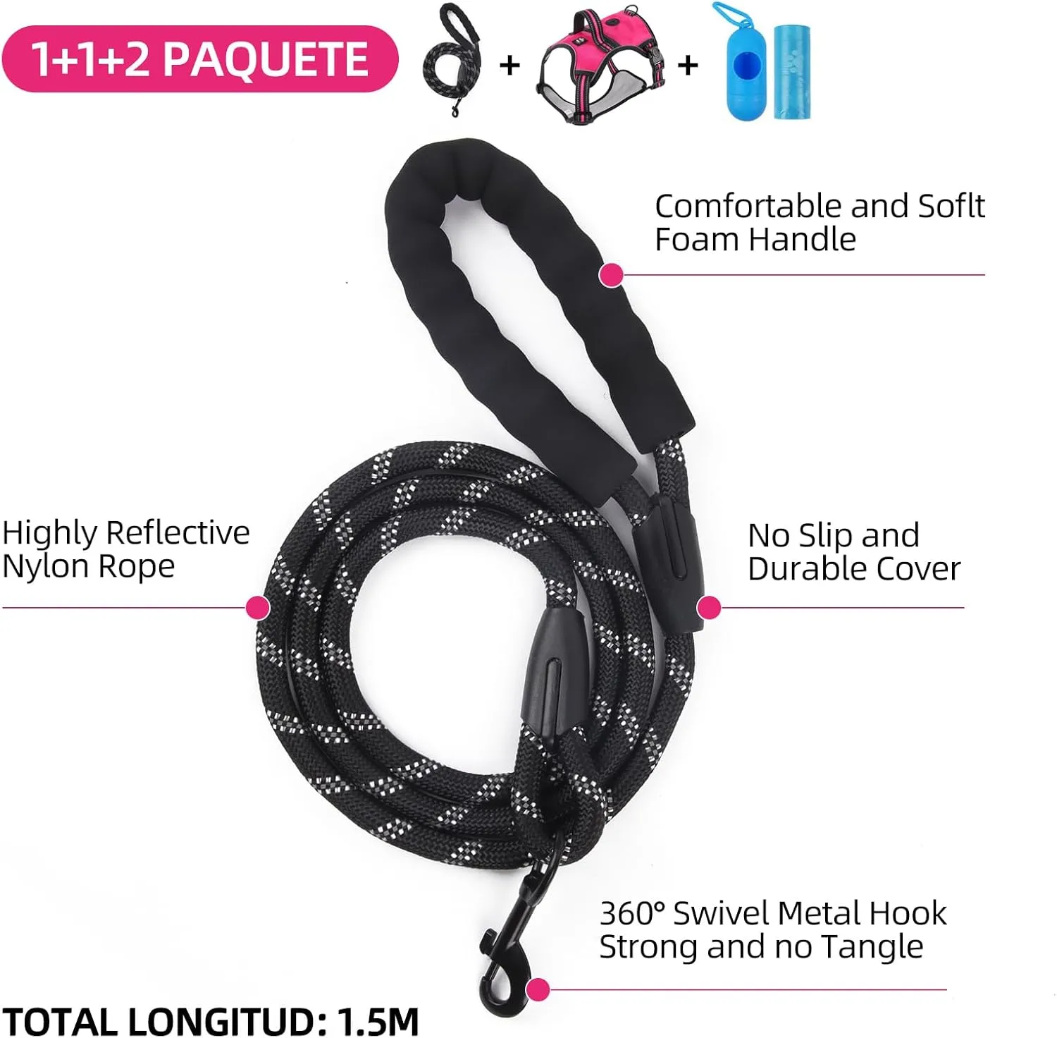 Dog Harness Adjustable for Medium, Large or Small Dogs, Reflective Pet Harness with 1.5m Leash, Breathable Anti-Pull Dog Vest Harnesses for Walking, Travel and Training with Poop Bags and Holder