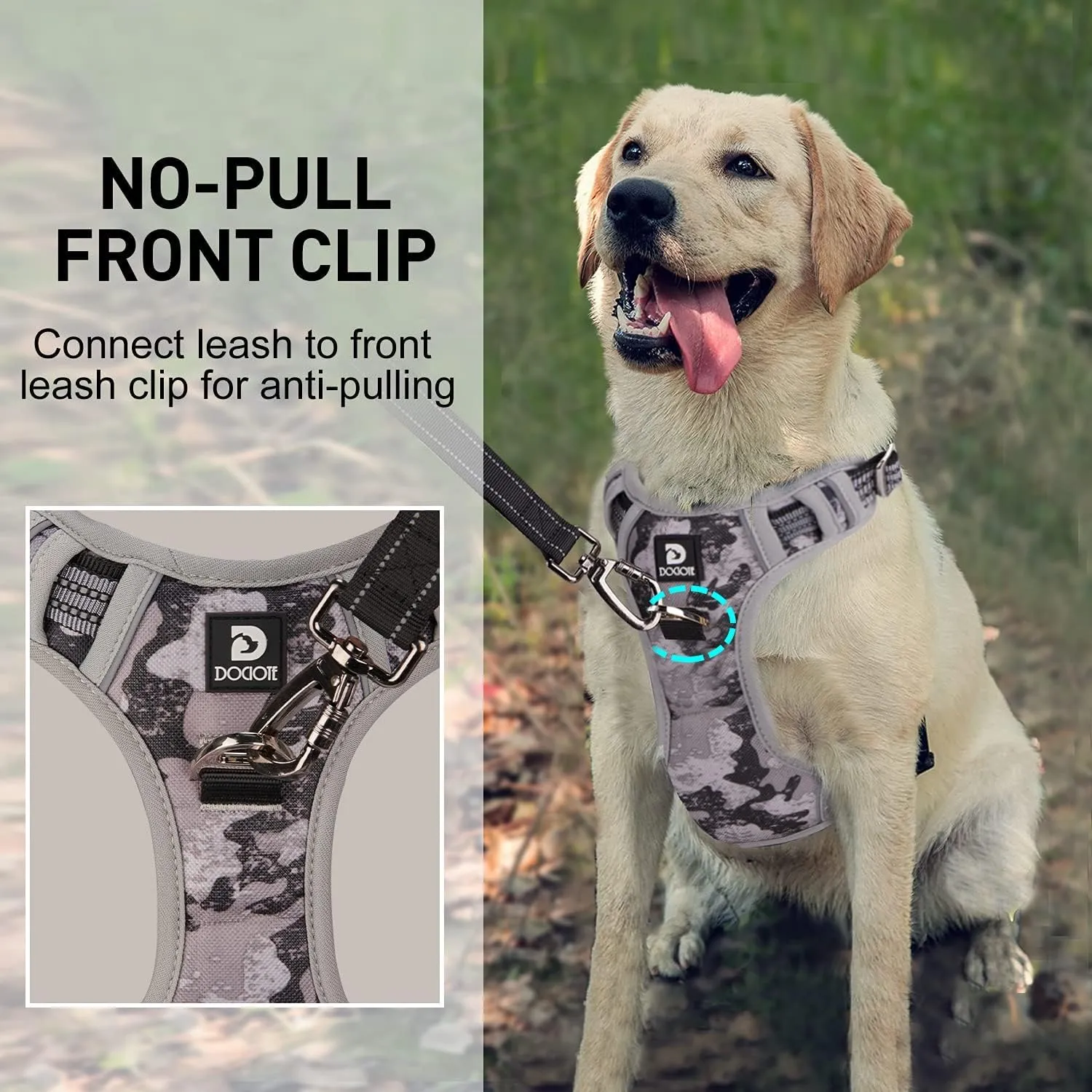 Dog Harness for Large Dogs No Pull with Handle 2 Metal Leash Clips, Adjustable Reflective Puppy Harness, Breathable Camo Oxford Padded Vest Easy Control Front Clip for Medium Large Dogs