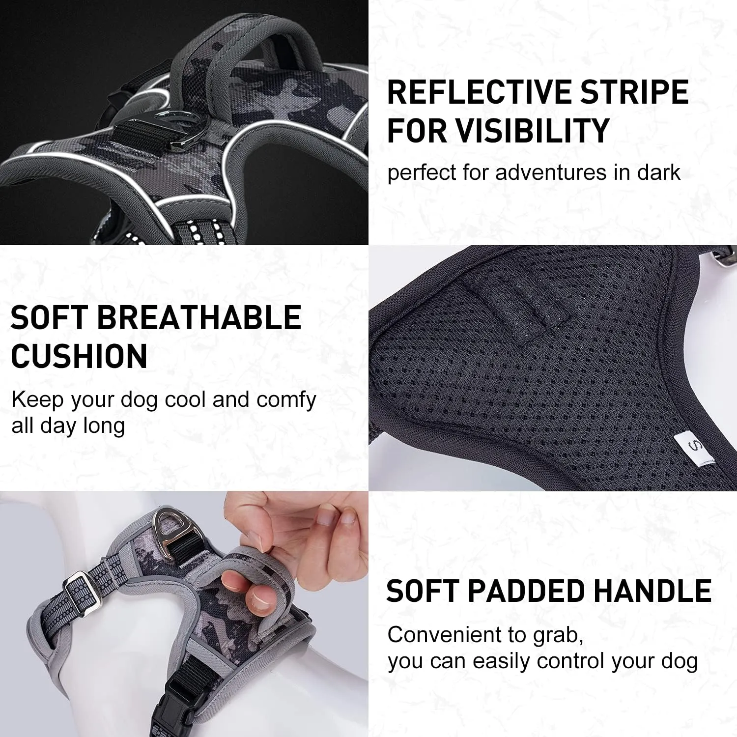 Dog Harness for Large Dogs No Pull with Handle 2 Metal Leash Clips, Adjustable Reflective Puppy Harness, Breathable Camo Oxford Padded Vest Easy Control Front Clip for Medium Large Dogs
