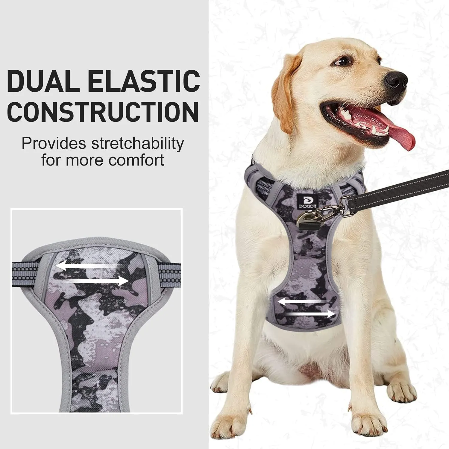 Dog Harness for Large Dogs No Pull with Handle 2 Metal Leash Clips, Adjustable Reflective Puppy Harness, Breathable Camo Oxford Padded Vest Easy Control Front Clip for Medium Large Dogs