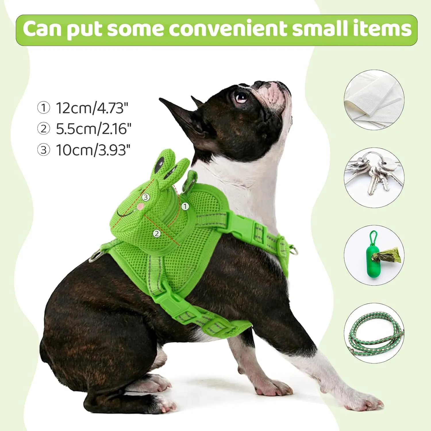 Dog Harness with Backpack, Adjustable Dog Backpack Harness for Small Medium Dogs, No-Pull Breathable Backpacks for Dogs to Wear, for Traveling, Hiking, Camping, Training, Green Frog S