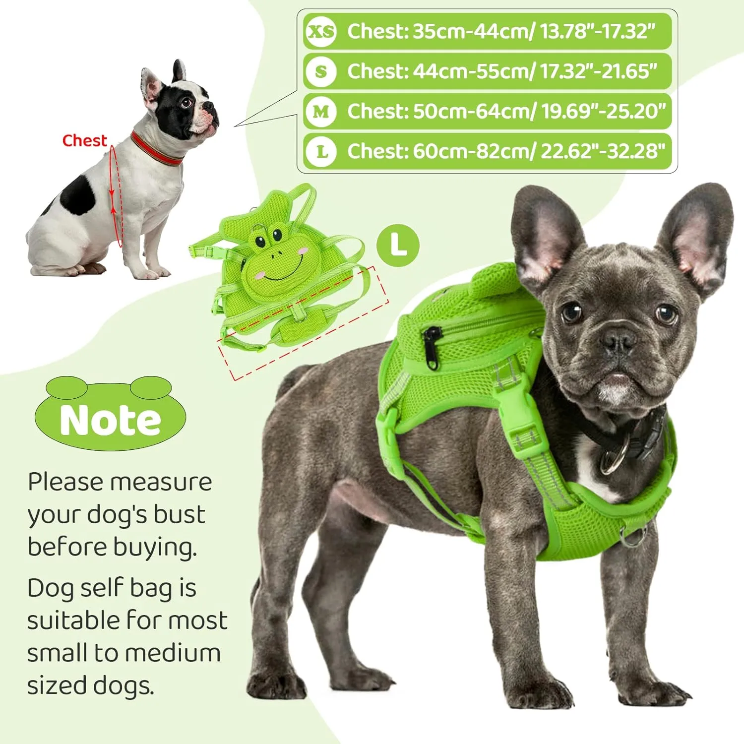 Dog Harness with Backpack, Adjustable Dog Backpack Harness for Small Medium Dogs, No-Pull Breathable Backpacks for Dogs to Wear, for Traveling, Hiking, Camping, Training, Green Frog S