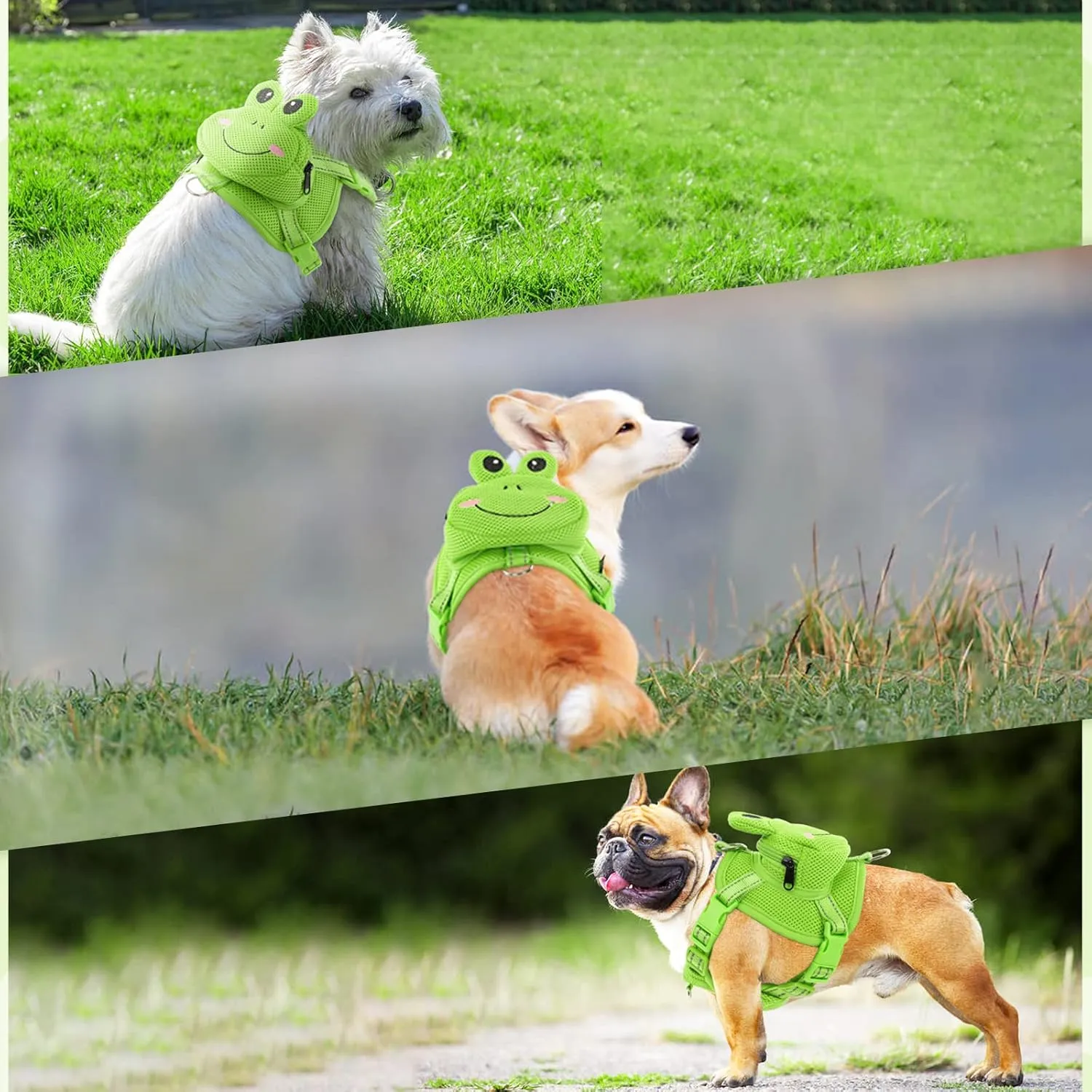 Dog Harness with Backpack, Adjustable Dog Backpack Harness for Small Medium Dogs, No-Pull Breathable Backpacks for Dogs to Wear, for Traveling, Hiking, Camping, Training, Green Frog S