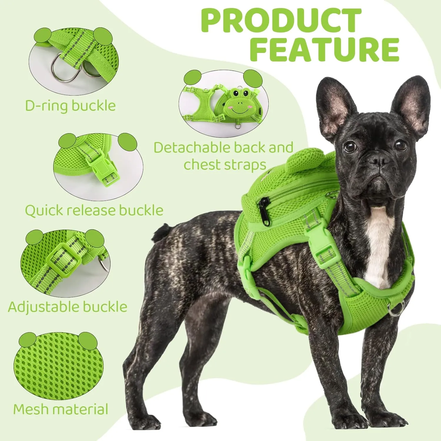 Dog Harness with Backpack, Adjustable Dog Backpack Harness for Small Medium Dogs, No-Pull Breathable Backpacks for Dogs to Wear, for Traveling, Hiking, Camping, Training, Green Frog S