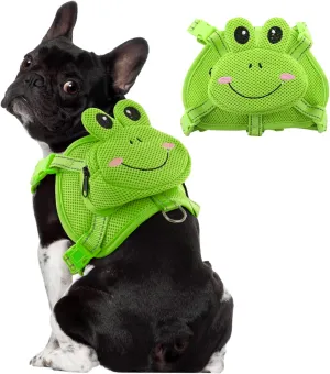 Dog Harness with Backpack, Adjustable Dog Backpack Harness for Small Medium Dogs, No-Pull Breathable Backpacks for Dogs to Wear, for Traveling, Hiking, Camping, Training, Green Frog S