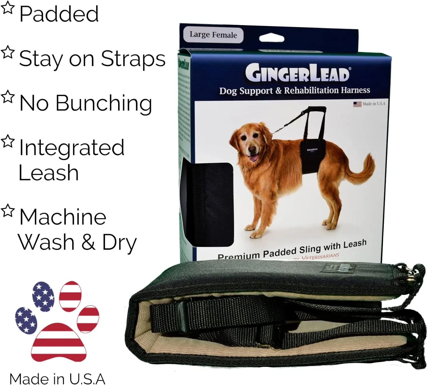 Dog Sling Support Harness, LG Female fits Big Dogs Over 65 lbs. Padded Rear Lift with Integrated Leash to Assist Senior K9s, or Recovery from Knee/TPLO, Hip or Back Surgery. Made in U.S.A.