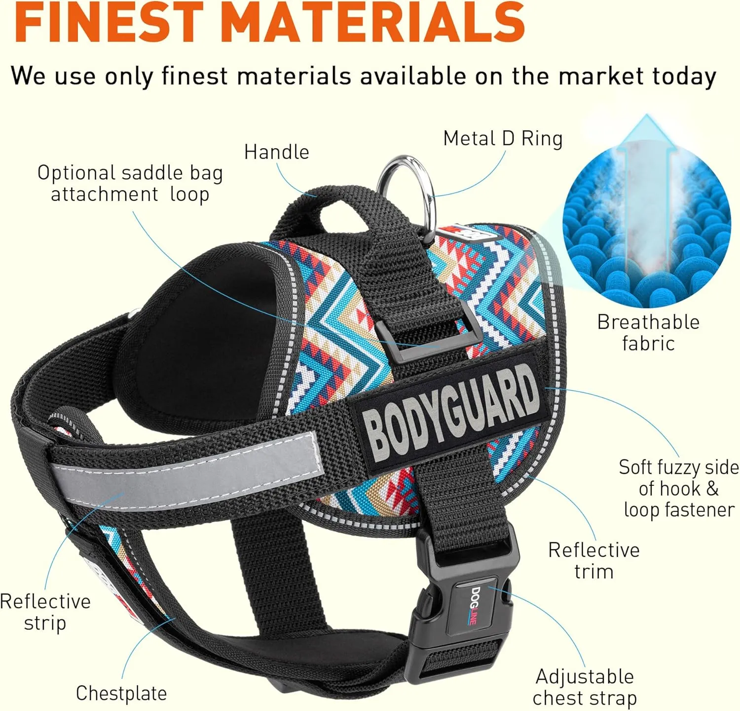 Dogline Unimax Dog Harness Vest with Bodyguard Patches Reflective No-Pull, Adjustable Straps, Breathable Neoprene for Medical, Service, Identification and Training Dogs Girth 28 to 38" Aztec