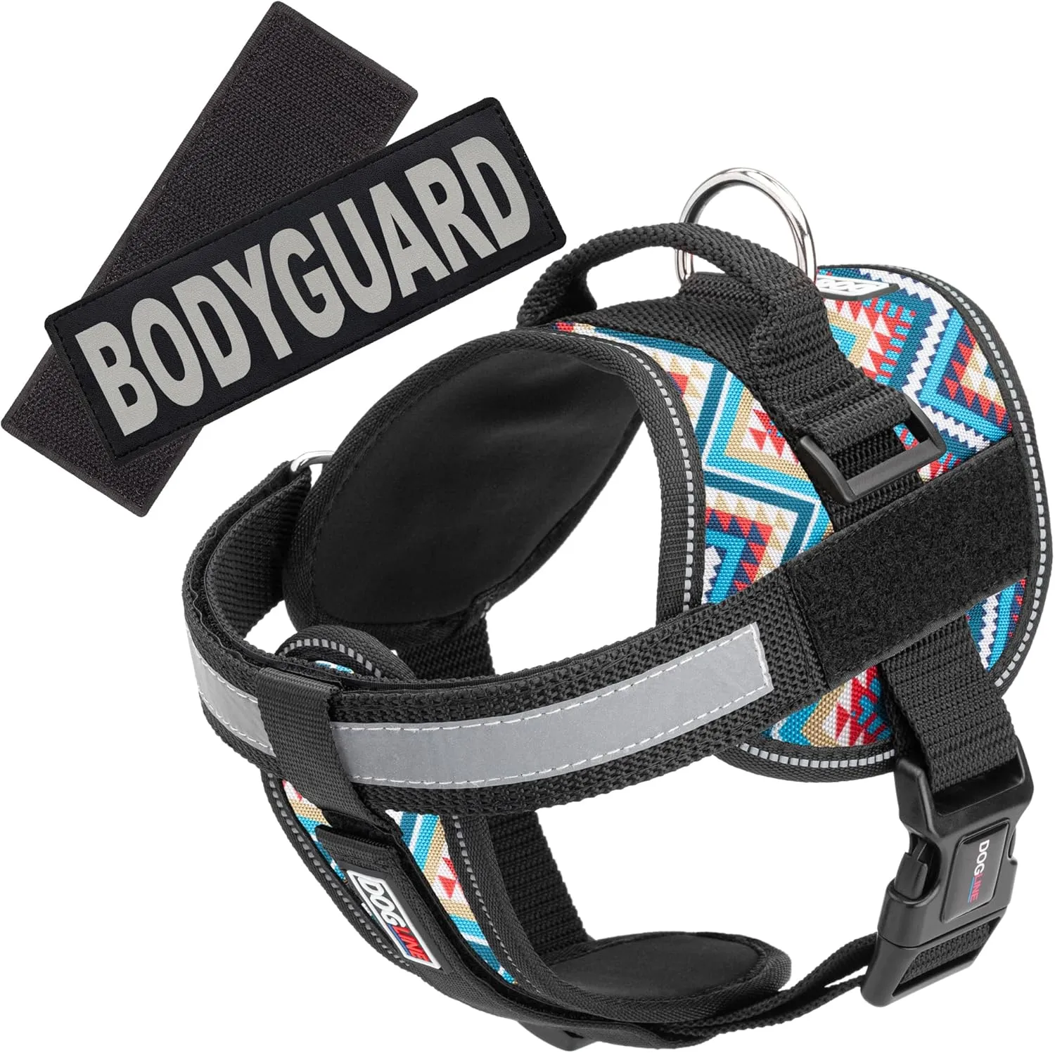 Dogline Unimax Dog Harness Vest with Bodyguard Patches Reflective No-Pull, Adjustable Straps, Breathable Neoprene for Medical, Service, Identification and Training Dogs Girth 28 to 38" Aztec