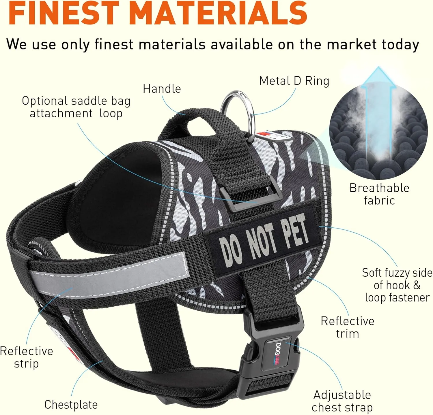 Dogline Unimax Dog Harness Vest with Do Not Pet Patches Reflective No-Pull, Adjustable Straps, Breathable Neoprene for Medical, Service, Identification and Training Dogs Girth 36 to 46" Zebra