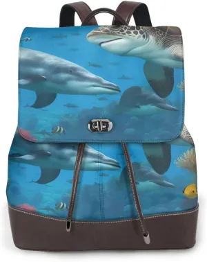 Dolphins Sea Turtle Shark Octopus Coral Reef Print Adjustable Casual Travel Hiking Knapsacks Leather Backpack Purse Laptop Rucksack Bag