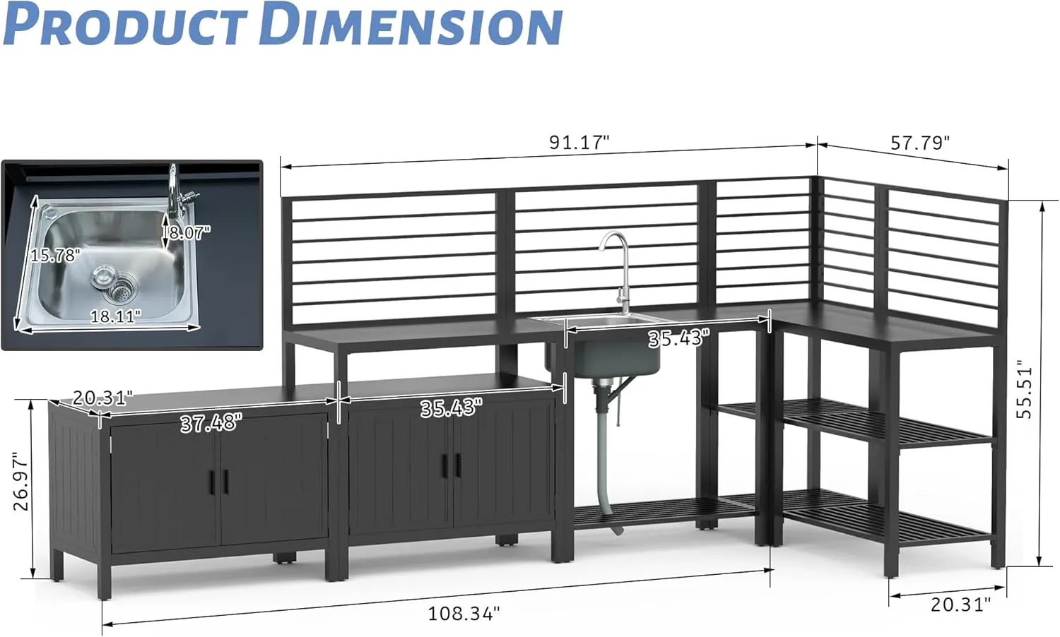 Domi 5-Piece Outdoor Kitchen Island with Storage, Aluminum Kitchen Islands Stainless Steel Sink w/Faucet, Corner Bar Storage Cabinet, Outdoor Kitchen with Protective Cover for Deck, Patio