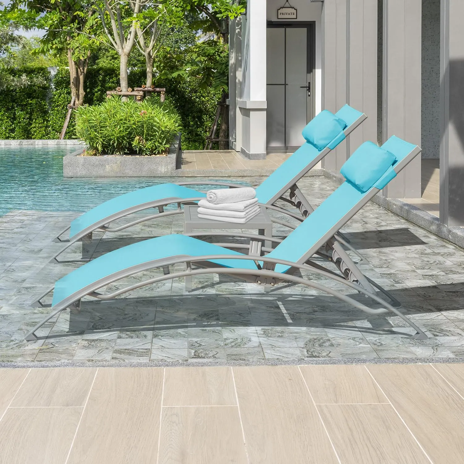 Domi Pool Lounge Chairs Set of 3, Adjustable Aluminum Outdoor Chaise Lounge Chairs with Metal Side Table, All Weather for Deck Lawn Poolside Backyard -Lake Blue Textilene