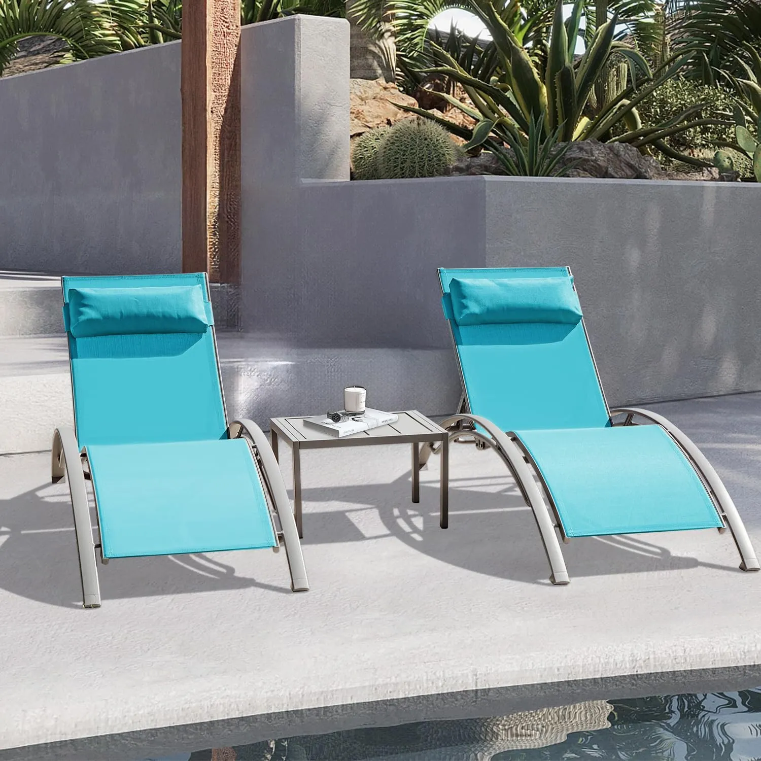 Domi Pool Lounge Chairs Set of 3, Adjustable Aluminum Outdoor Chaise Lounge Chairs with Metal Side Table, All Weather for Deck Lawn Poolside Backyard -Lake Blue Textilene