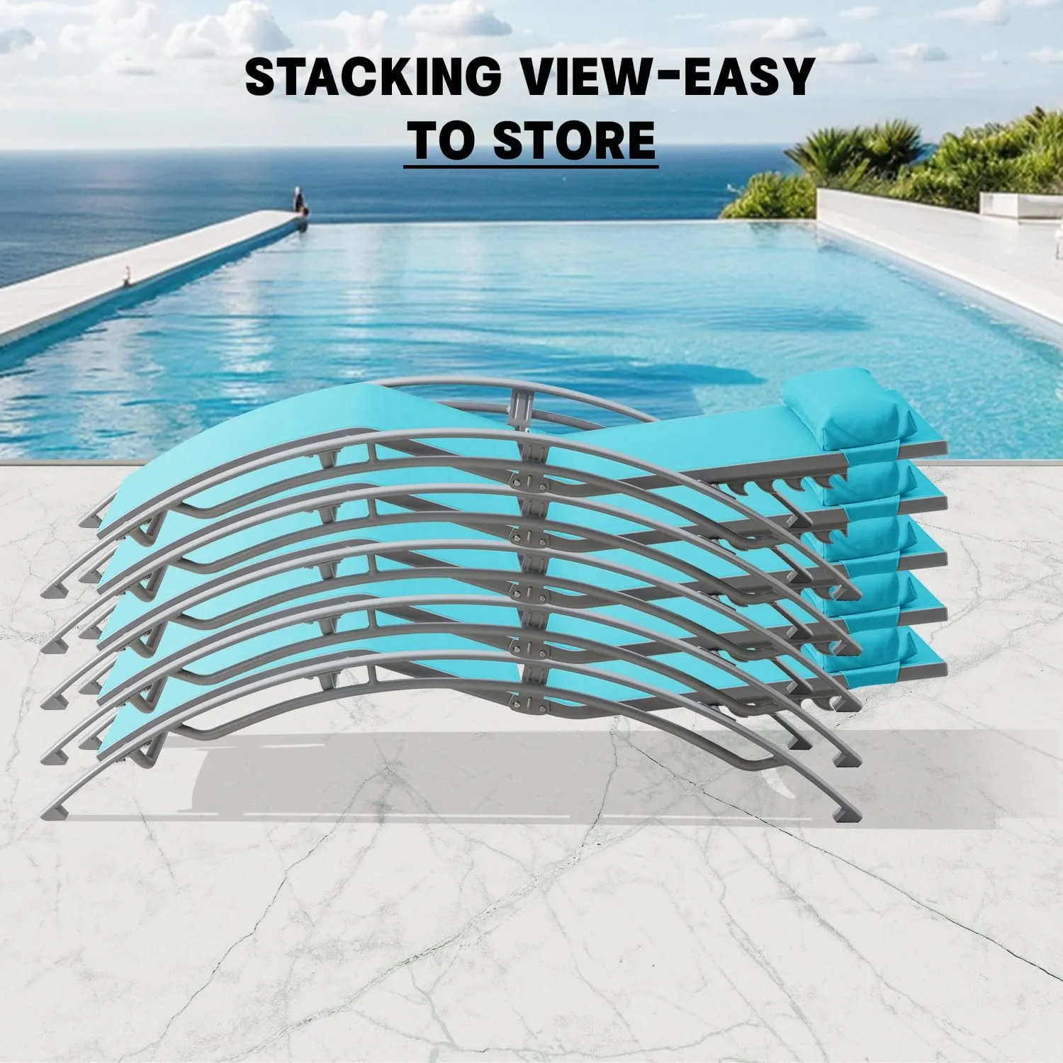 Domi Pool Lounge Chairs Set of 3, Adjustable Aluminum Outdoor Chaise Lounge Chairs with Metal Side Table, All Weather for Deck Lawn Poolside Backyard -Lake Blue Textilene