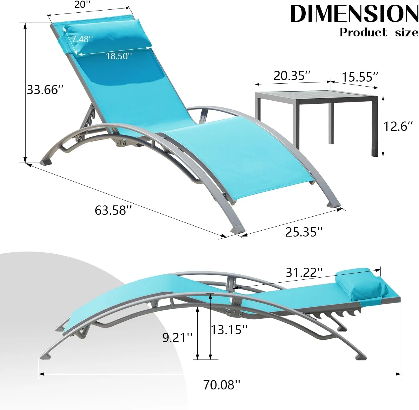 Domi Pool Lounge Chairs Set of 3, Adjustable Aluminum Outdoor Chaise Lounge Chairs with Metal Side Table, All Weather for Deck Lawn Poolside Backyard -Lake Blue Textilene