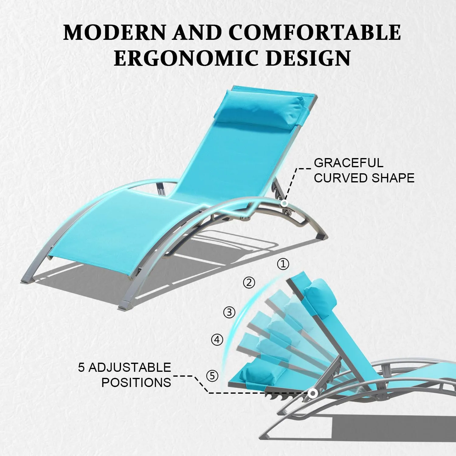 Domi Pool Lounge Chairs Set of 3, Adjustable Aluminum Outdoor Chaise Lounge Chairs with Metal Side Table, All Weather for Deck Lawn Poolside Backyard -Lake Blue Textilene