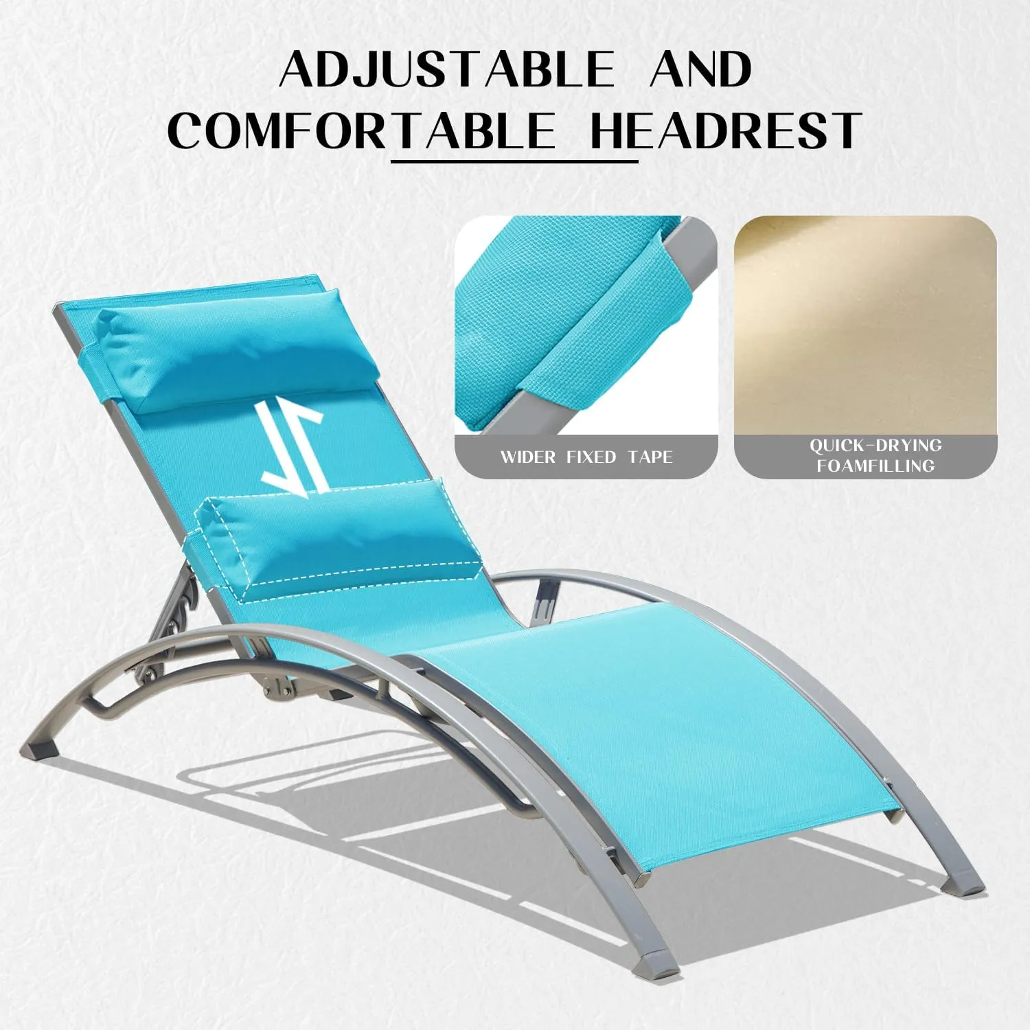 Domi Pool Lounge Chairs Set of 3, Adjustable Aluminum Outdoor Chaise Lounge Chairs with Metal Side Table, All Weather for Deck Lawn Poolside Backyard -Lake Blue Textilene