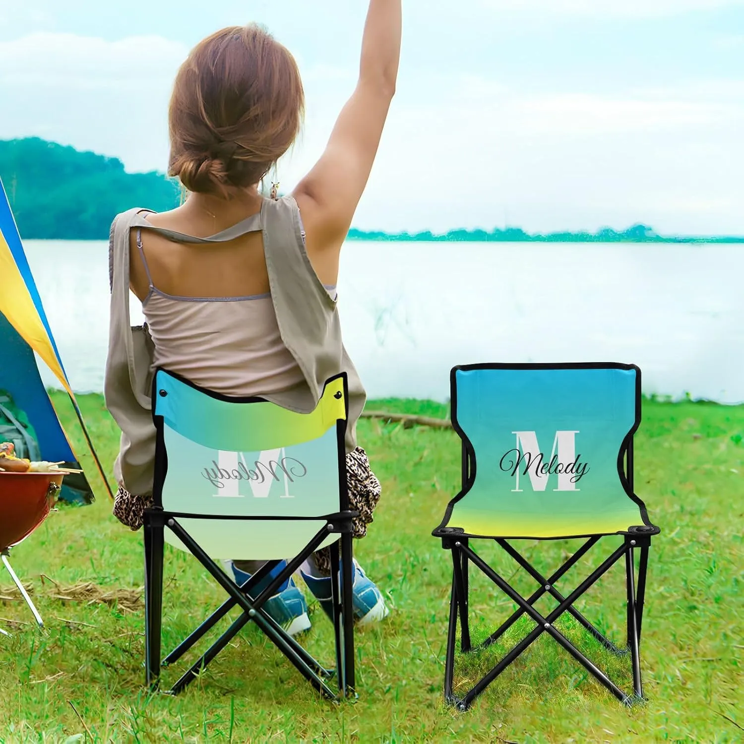 DOMIKING Blue Yellow Gradient Custom Kids' Portable Camping Chairs for Outdoor Personalized Lawn Chairs with Carry Bag Folding Chair for Beach Picnic Camping