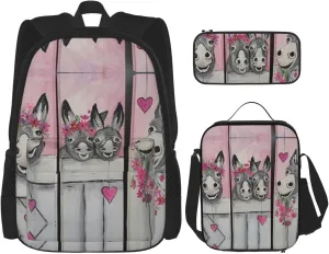 Donkey And Flower Print Versatile Adjustable Shoulder Fashion Backpack Lunch Bag Pencil Case Large Capacity