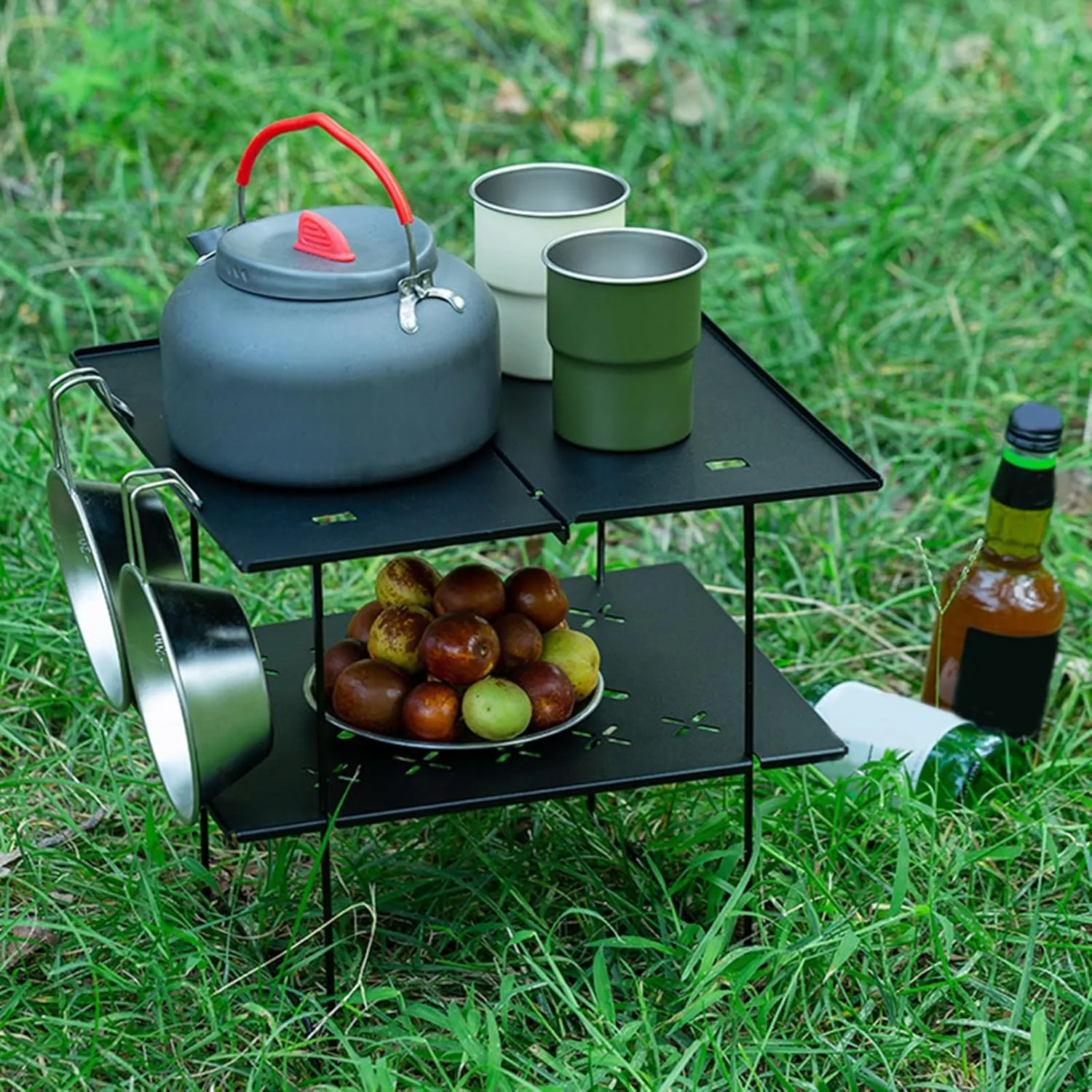 Double Deck Aluminum Plate Camping Table Easy to Outdoor Camp Table Foldable Travel Table for Picnics and Hiking
