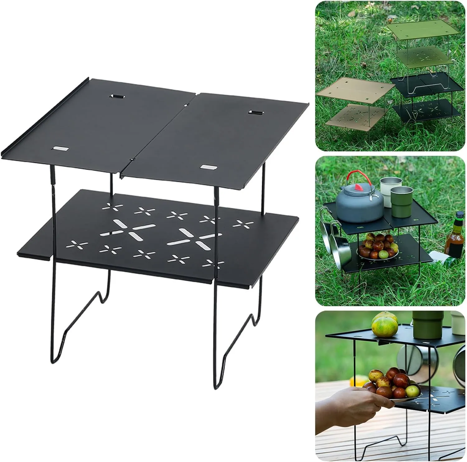 Double Deck Aluminum Plate Camping Table Easy to Outdoor Camp Table Foldable Travel Table for Picnics and Hiking