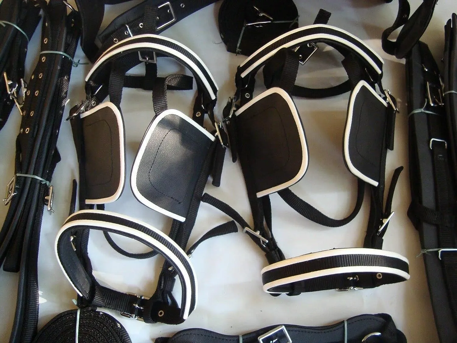 Double Horsecart | Black Nylon Double Horse Cart Driving Harness | Patent Nylon Harness with White Piping (Mini)