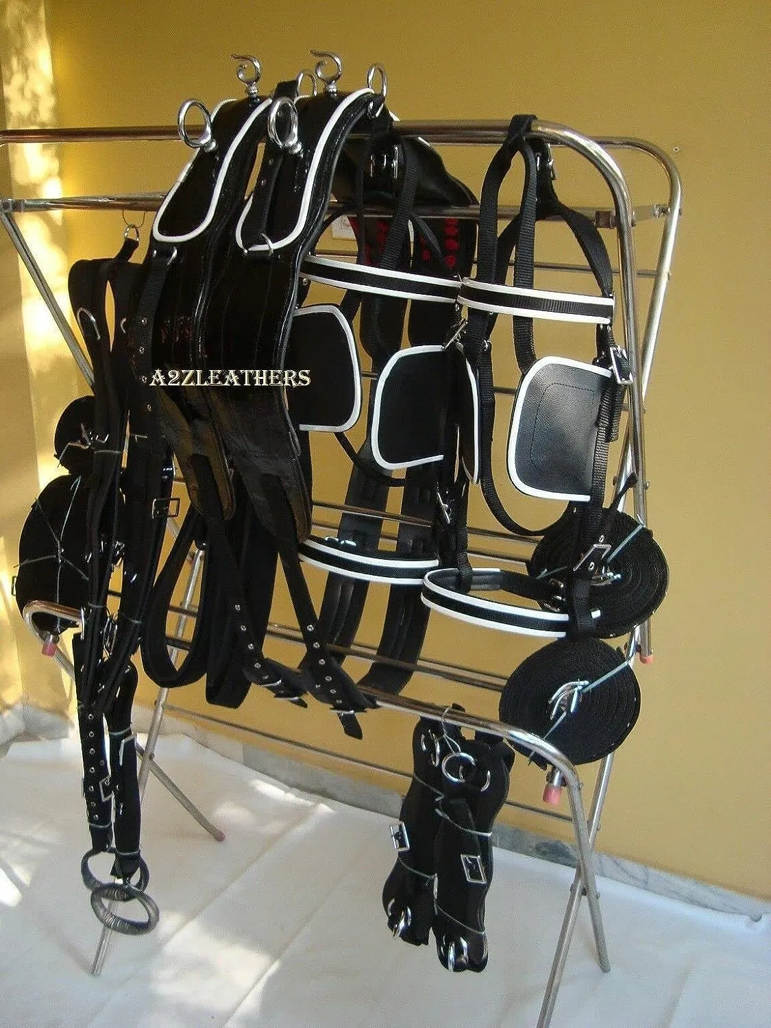 Double Horsecart | Black Nylon Double Horse Cart Driving Harness | Patent Nylon Harness with White Piping (Mini)
