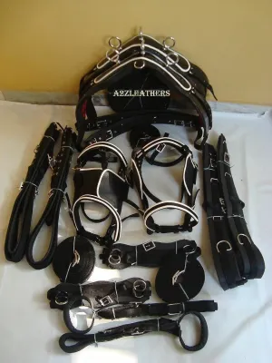 Double Horsecart | Black Nylon Double Horse Cart Driving Harness | Patent Nylon Harness with White Piping (Mini)