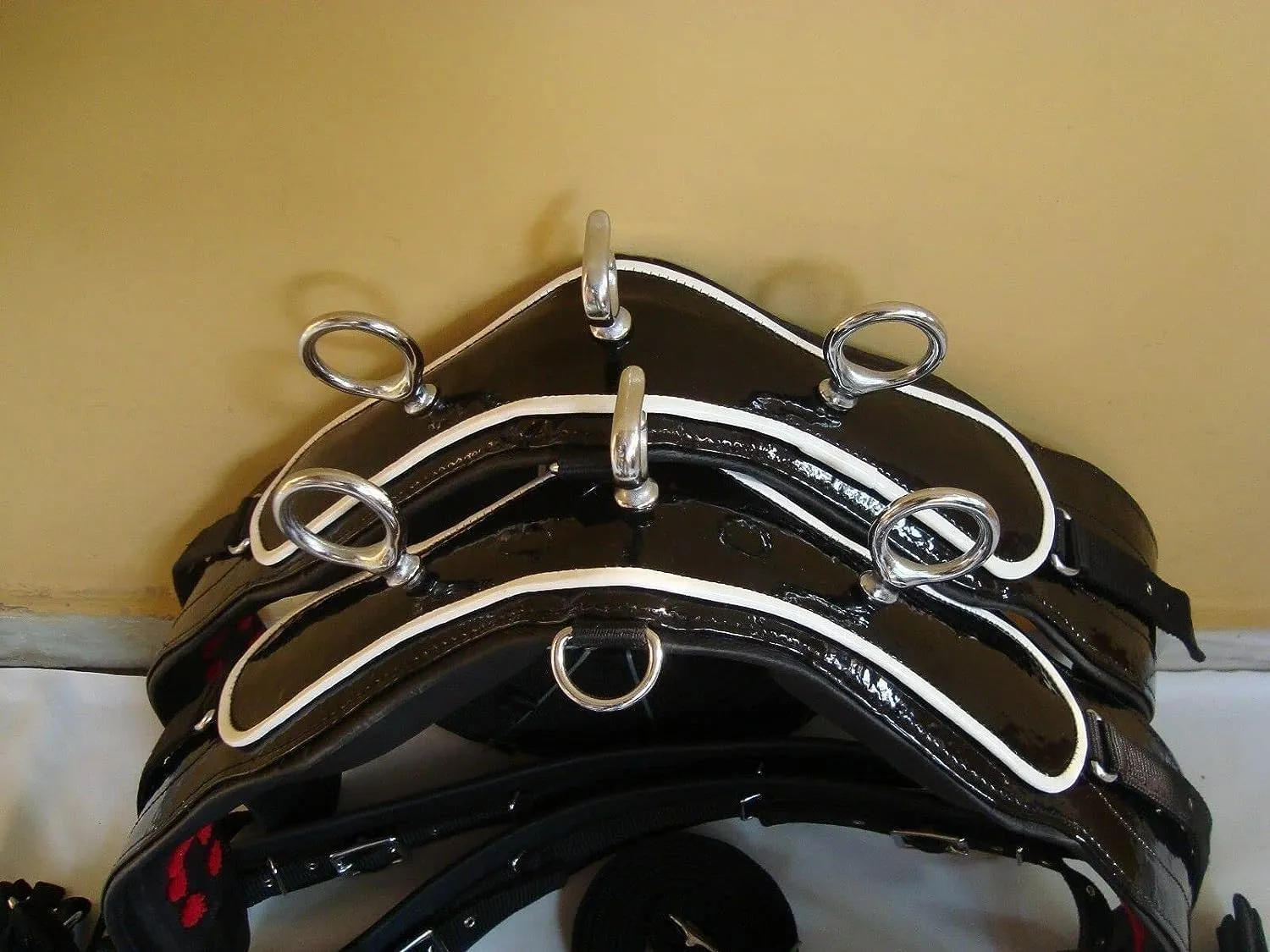 Double Horsecart | Black Nylon Double Horse Cart Driving Harness | Patent Nylon Harness with White Piping (Mini)
