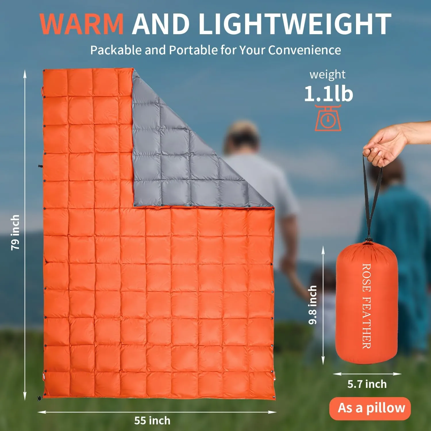 Down Camping Blanket, Muti-Use Outdoor Travel Blanket, Puffy Sleeping Bag Blanket, Waterproof Packable Backpacking Quilt for Camping, Travel, Airplane, Hiking, Picnic, 55''x79''