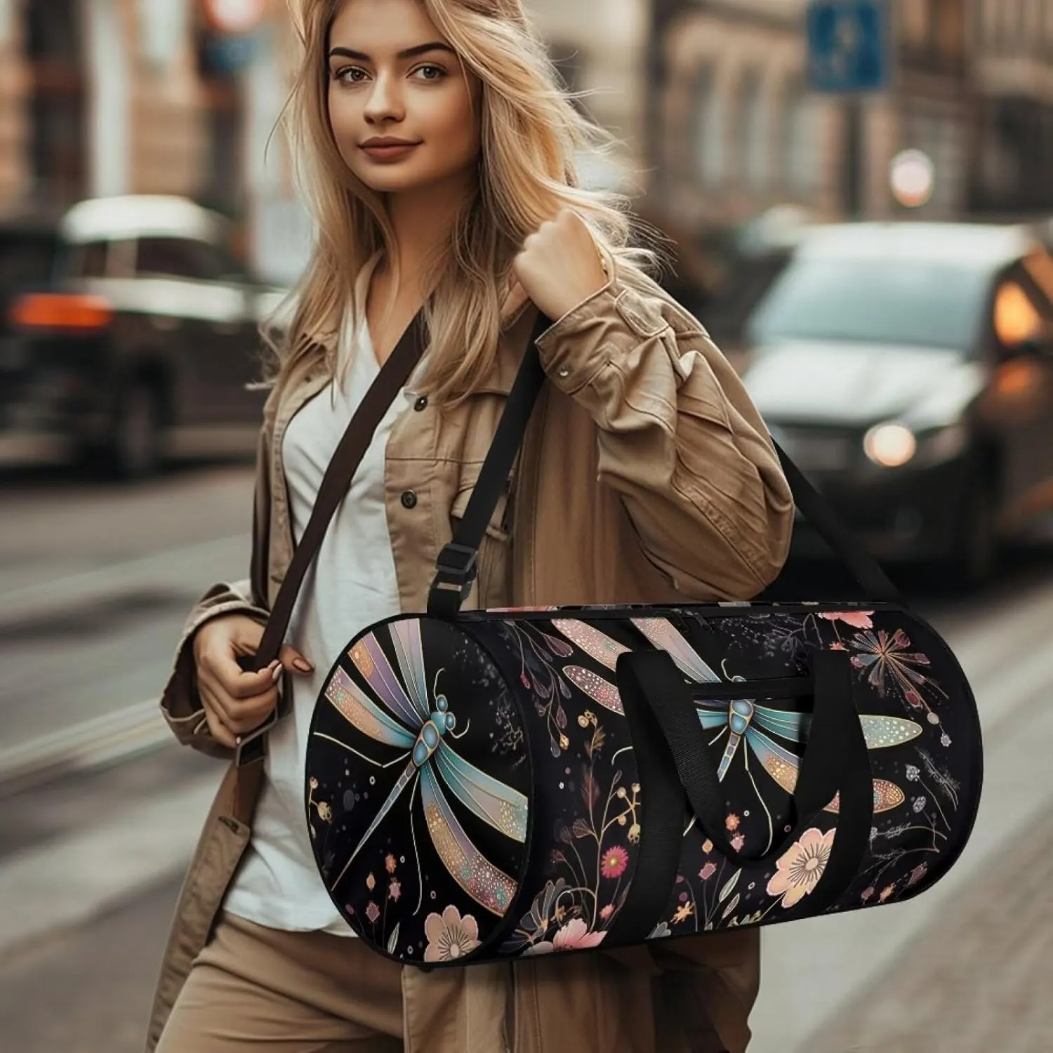 Dragonfly Flower Travel Duffel Bags - Foldable Duffle Bag with Adjustable Strap - Overnight Bags Waterproof & Tear Resistant