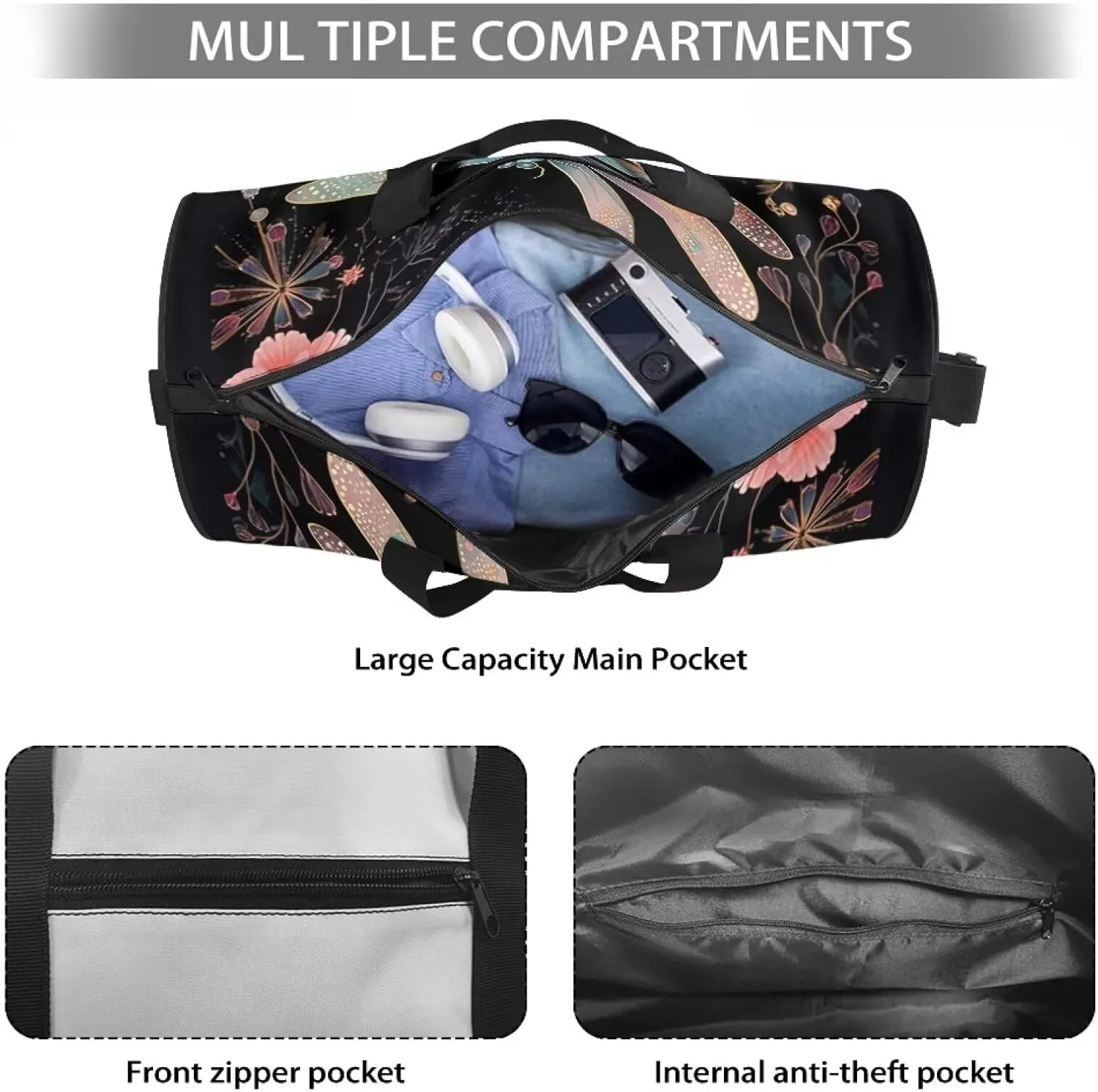 Dragonfly Flower Travel Duffel Bags - Foldable Duffle Bag with Adjustable Strap - Overnight Bags Waterproof & Tear Resistant