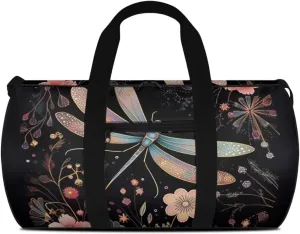 Dragonfly Flower Travel Duffel Bags - Foldable Duffle Bag with Adjustable Strap - Overnight Bags Waterproof & Tear Resistant