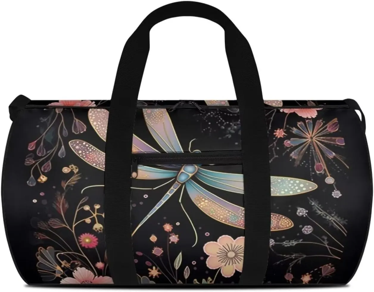 Dragonfly Flower Travel Duffel Bags - Foldable Duffle Bag with Adjustable Strap - Overnight Bags Waterproof & Tear Resistant