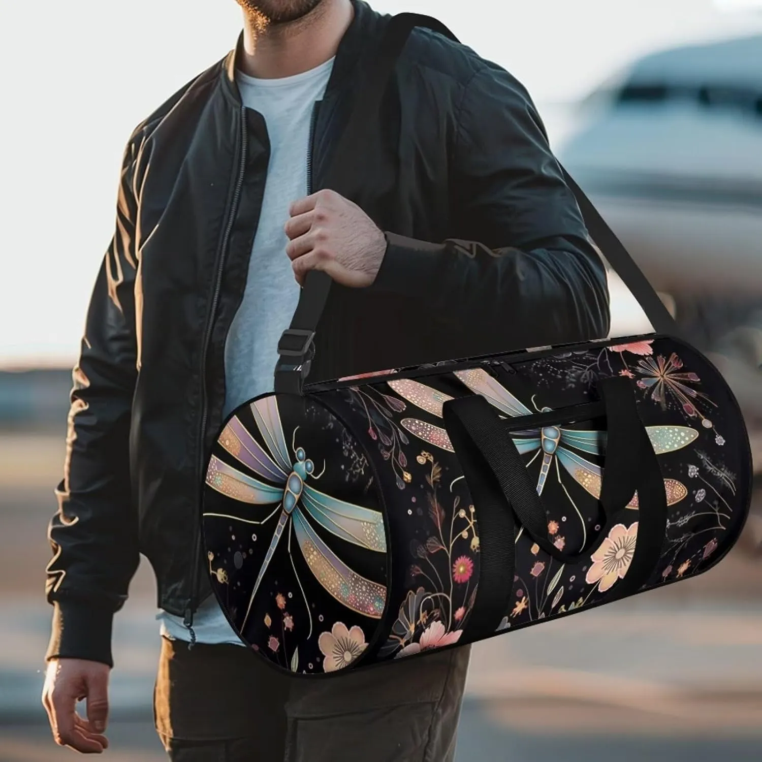Dragonfly Flower Travel Duffel Bags - Foldable Duffle Bag with Adjustable Strap - Overnight Bags Waterproof & Tear Resistant