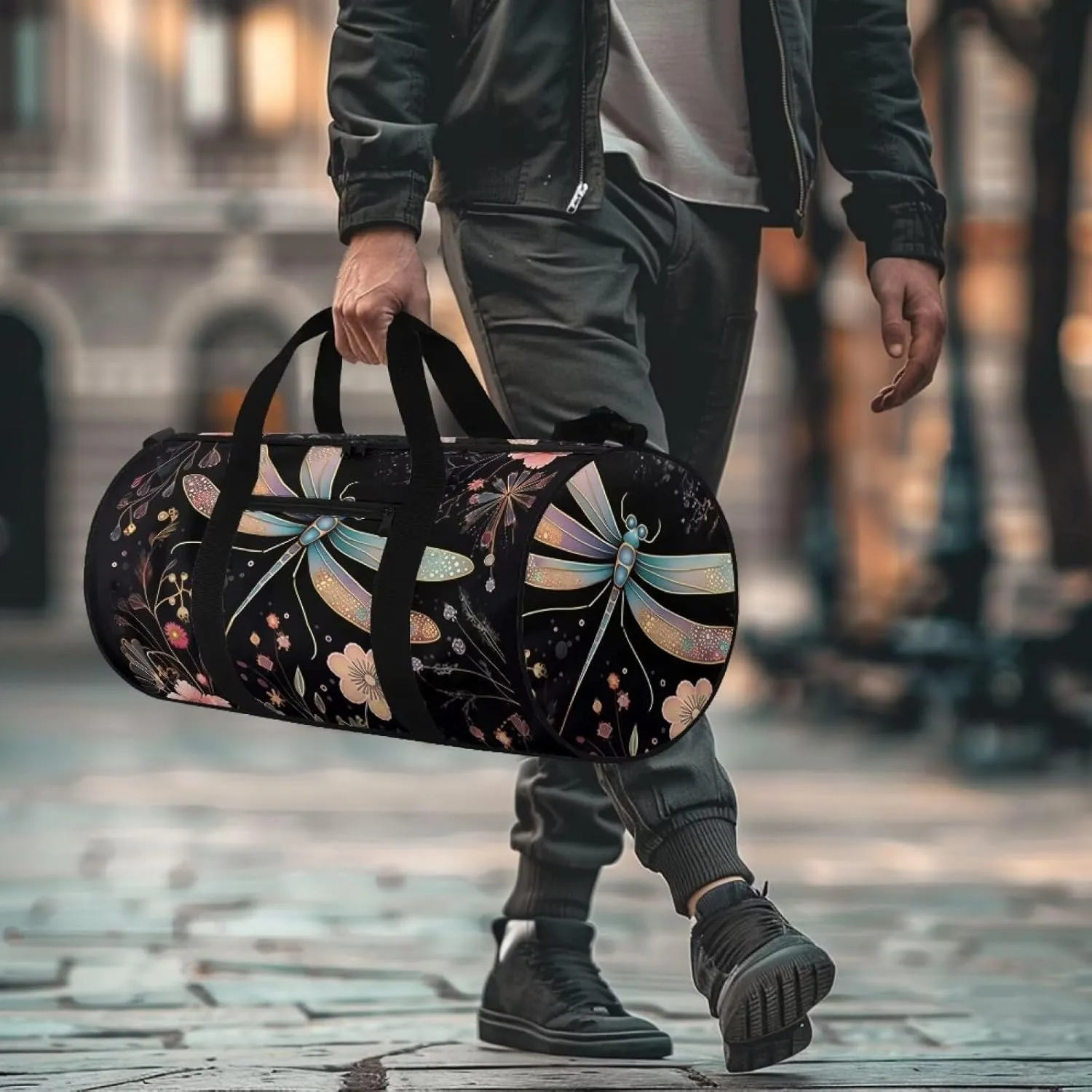 Dragonfly Flower Travel Duffel Bags - Foldable Duffle Bag with Adjustable Strap - Overnight Bags Waterproof & Tear Resistant