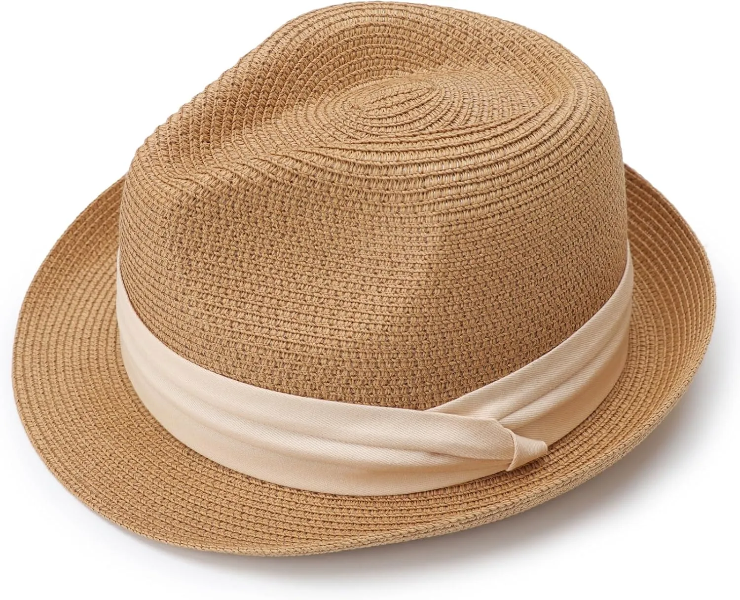 DRESHOW Women Straw Panama Hat Travel Fedora Beach Sun Hat Summer Wide Brim Straw Roll up Hat UPF 50 