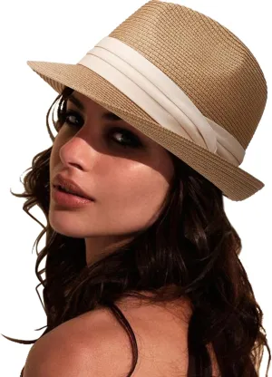 DRESHOW Women Straw Panama Hat Travel Fedora Beach Sun Hat Summer Wide Brim Straw Roll up Hat UPF 50 