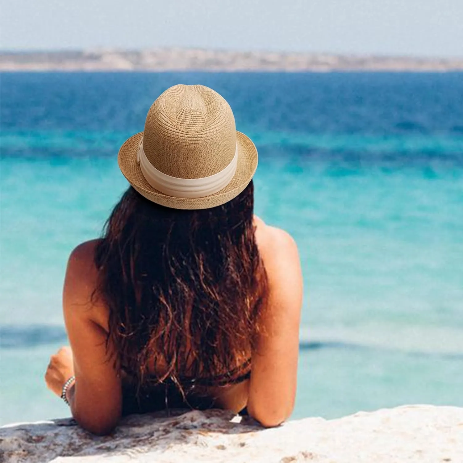 DRESHOW Women Straw Panama Hat Travel Fedora Beach Sun Hat Summer Wide Brim Straw Roll up Hat UPF 50 