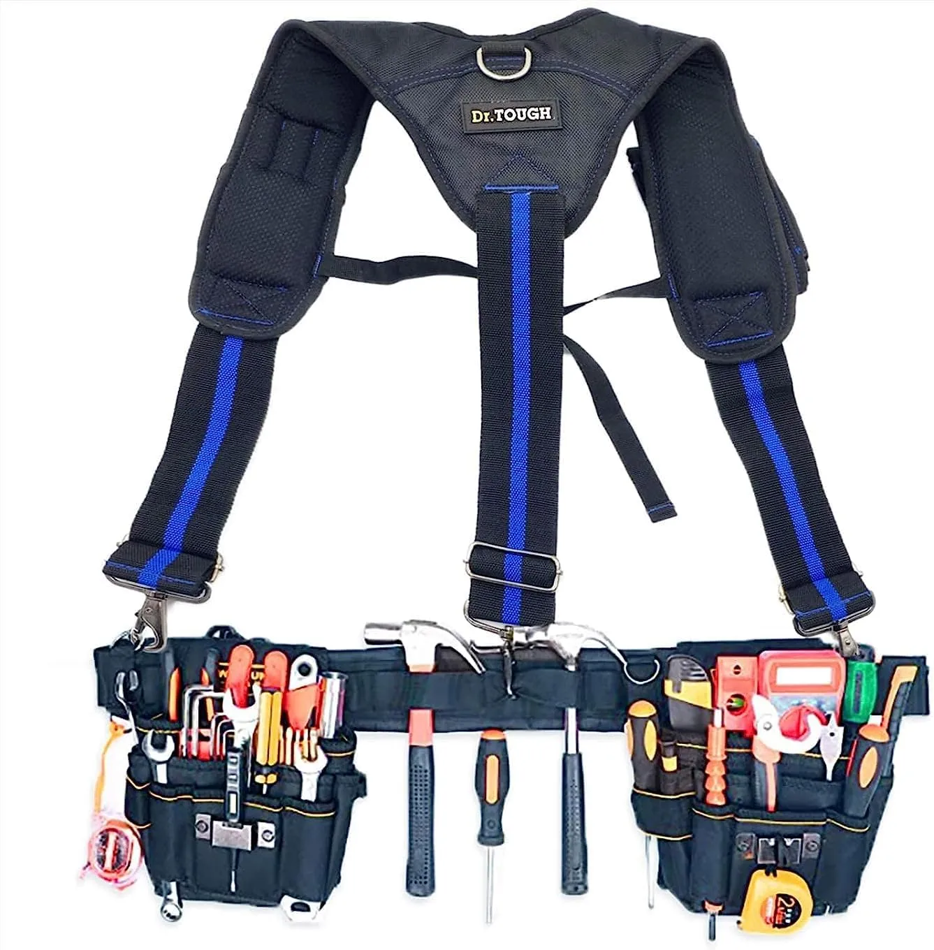 Dr.TOUGH Tool Belt Suspenders Padded Carpenter Construction Electrician Work Suspender with Pockets, Tool Pouch Suspenders for Men (Blue Y)