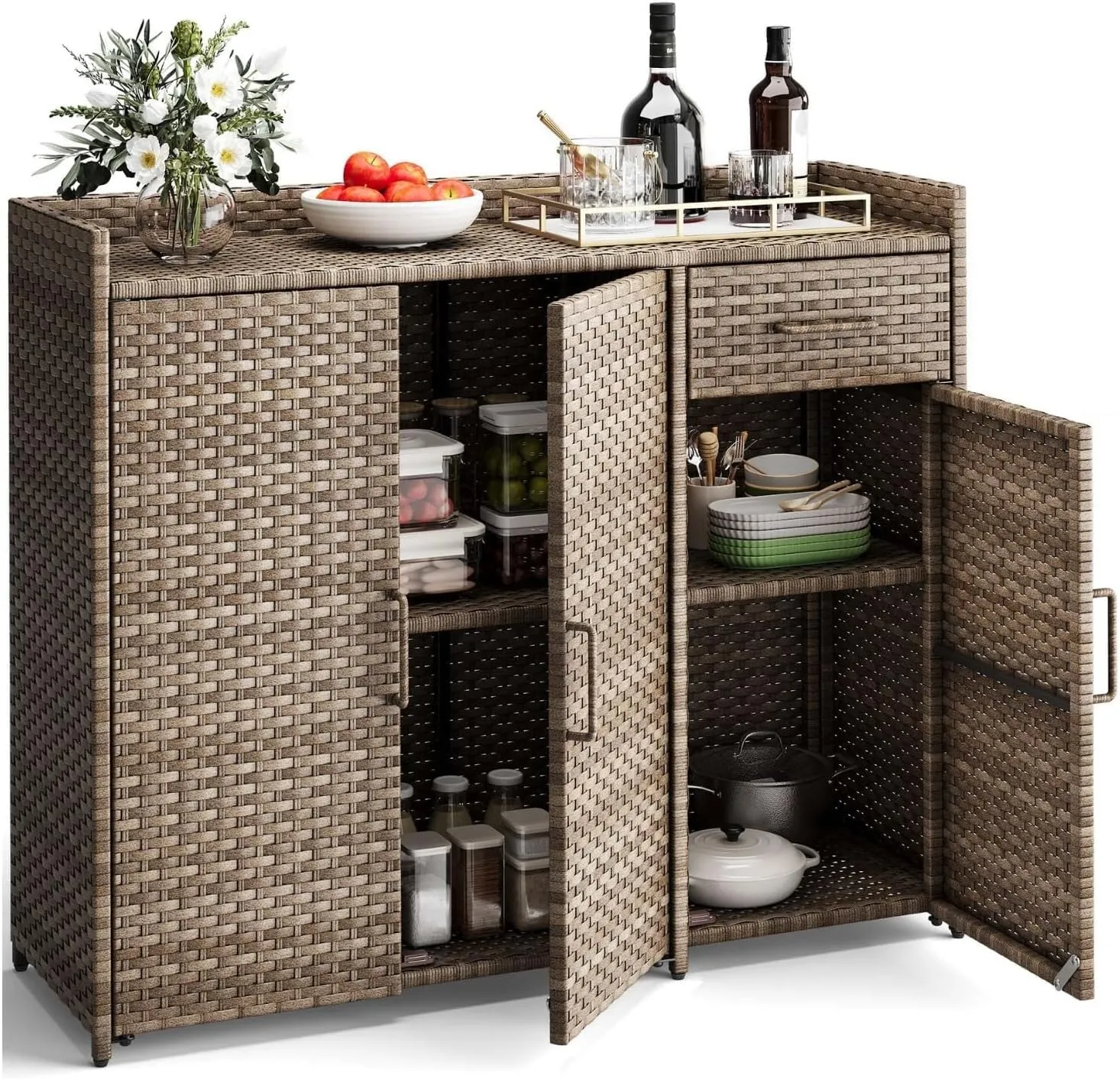DWVO Outdoor Storage Cabinet Patio Table with Two Doors, Adjustable Shelves & Foldable Drawer, Sideboard with PE Rattan for Pool Tool and Garden Tools, Brown