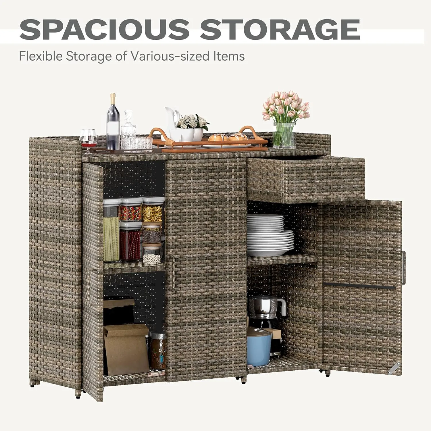 DWVO Outdoor Storage Cabinet Patio Table with Two Doors, Adjustable Shelves & Foldable Drawer, Sideboard with PE Rattan for Pool Tool and Garden Tools, Brown