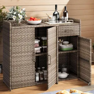 DWVO Outdoor Storage Cabinet Patio Table with Two Doors, Adjustable Shelves & Foldable Drawer, Sideboard with PE Rattan for Pool Tool and Garden Tools, Brown