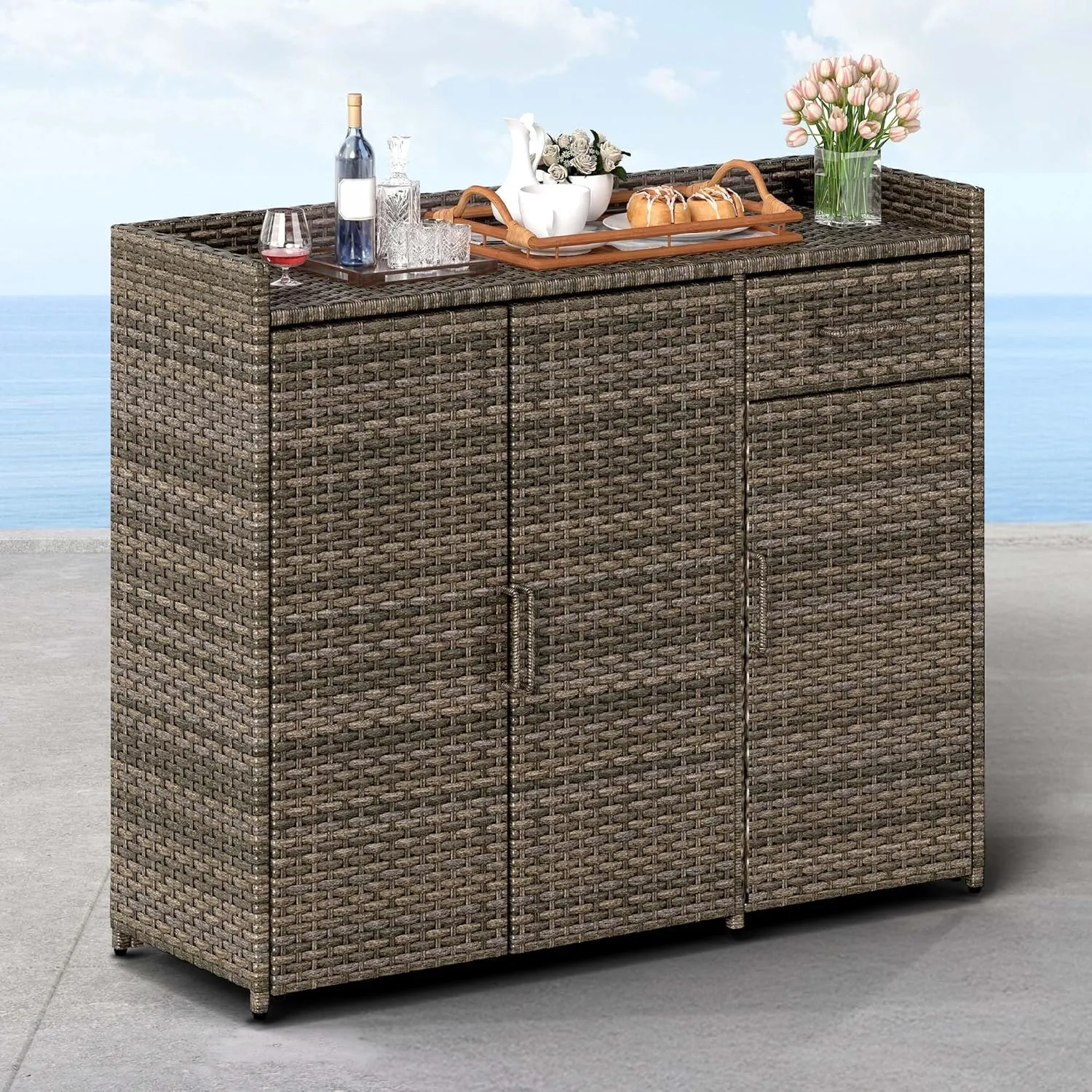 DWVO Outdoor Storage Cabinet Patio Table with Two Doors, Adjustable Shelves & Foldable Drawer, Sideboard with PE Rattan for Pool Tool and Garden Tools, Brown